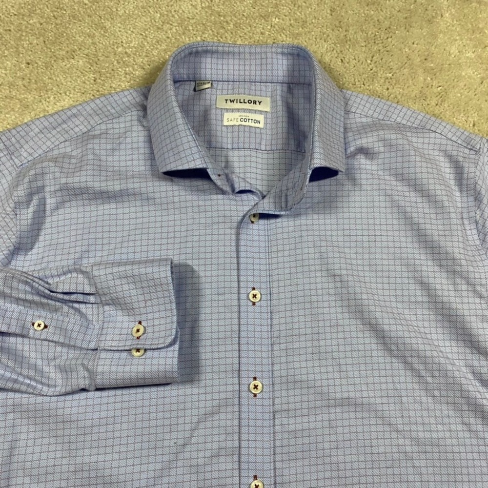 Twillory Safe Cotton Shirt Mens 17.5 34/35 Tailored Fit Non-Iron Blue Check